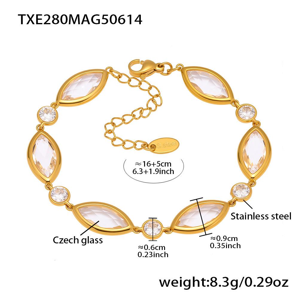 Women Luxury Shiny Crystal Glass Bracelet Stainless Steel Gold Plated Jewelry белый