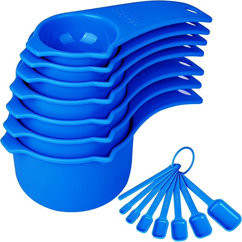 Measuring Cups and Spoons Set 15, 7 Plastic Measuring Cup Set, 7 Spice Long Handle Measuring Spoons with 1 Leveler for Kitchen and Baking, Dry Metric