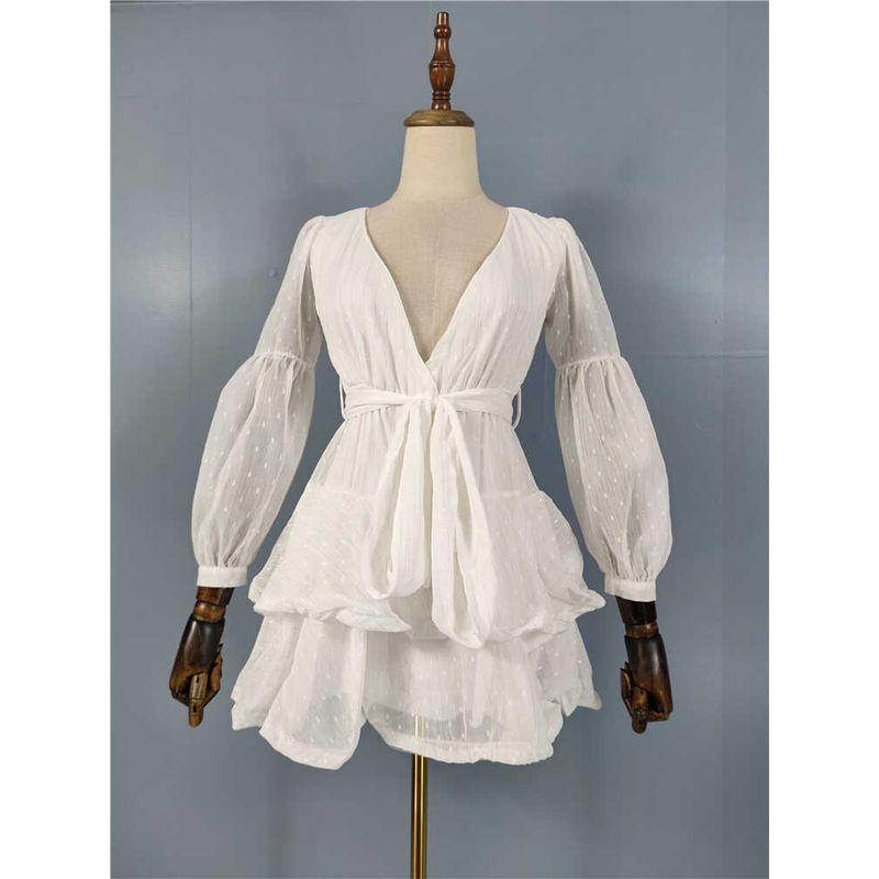 

Export V Neck Elegant Elegance Lady Plaid Lantern Sleeve Strap Jacquard Bright Silk Silver String Gentle Fashion Dress White L