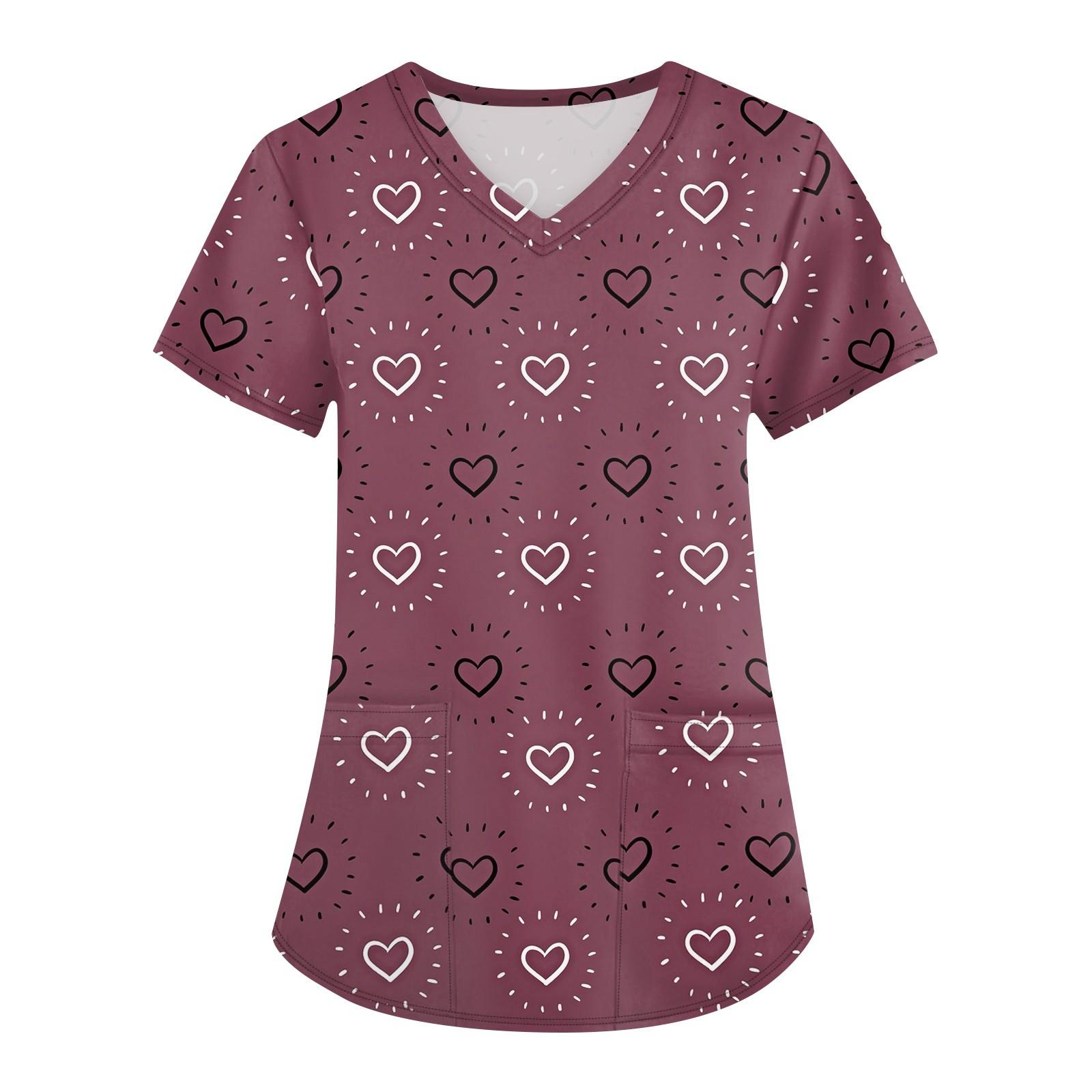 

Женская модная футболка с короткими рукавами и v-образным вырезом с принтом, маленькая рабочая футболка с карманами L темно-фиолетового