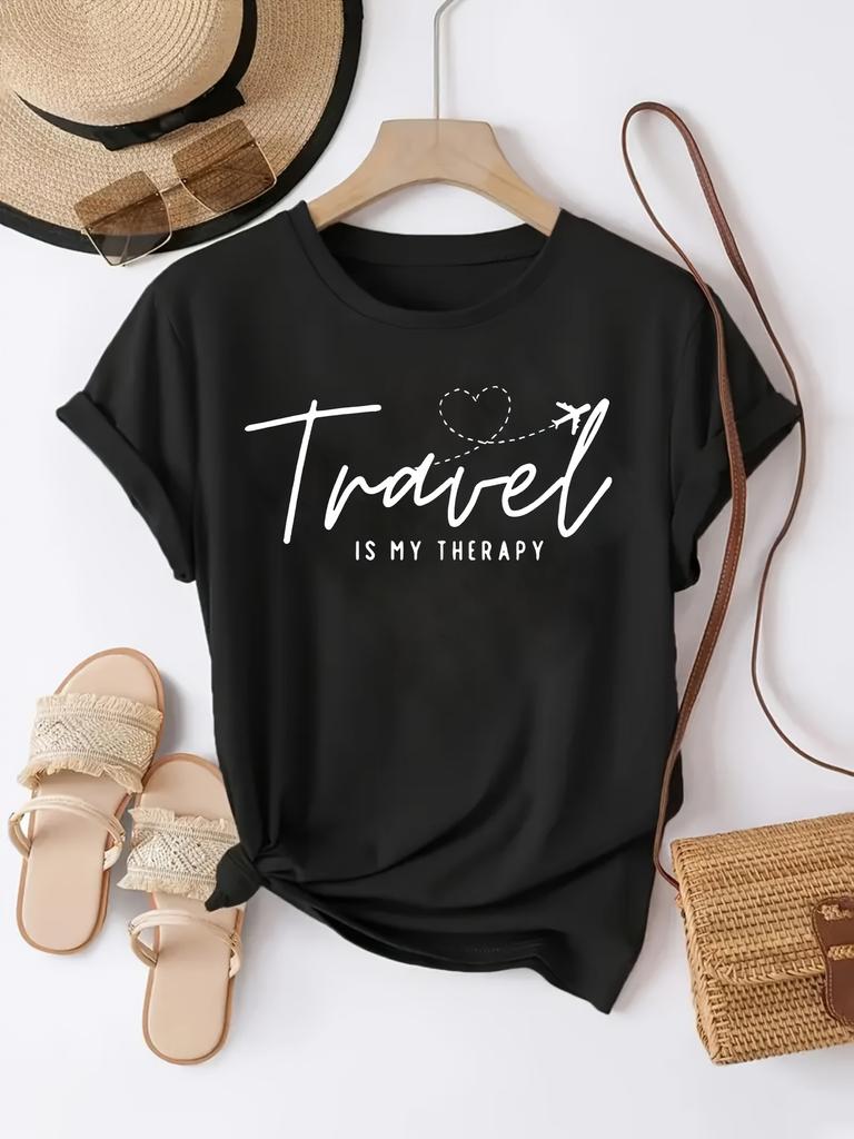 "Travel Is My Relax" Graphic T-Shirt Fit Short Sleeve Round Neck Casual Top for Summer Woman Breathable Cute Aesthetic Shirt Tee