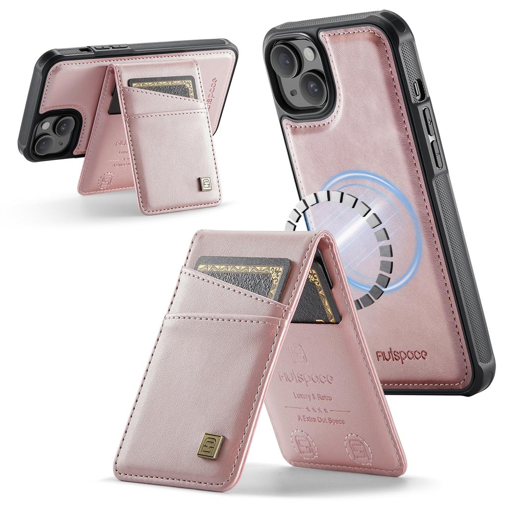 For iPhone 15 Plus Case AUTSPACE A12 Leather Phone Case with Detachable Card Bag