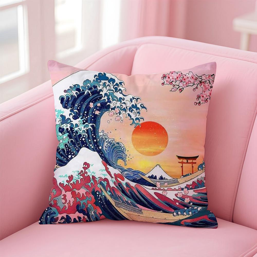 Japanese Waves Cushion Cover Linen Pillowcase Cover Soft Decor for Sofa Home Room