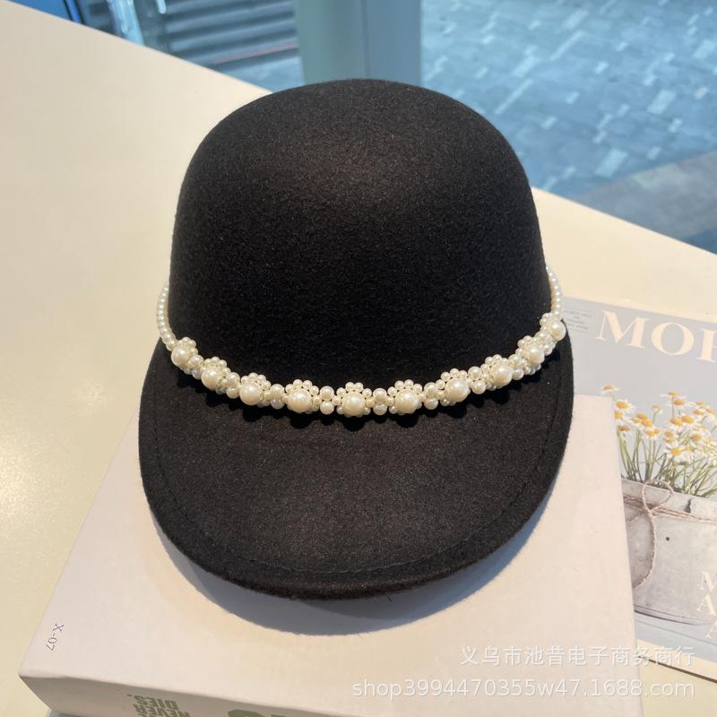 French Retro Woolen Top Hat Women Pearl Hepburn Style Black Hat Small Fragrant Style Autumn and Winter Warm Cap