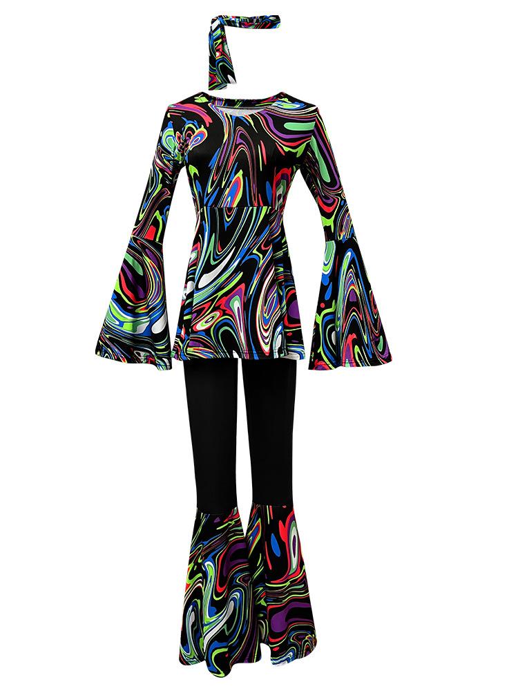 New hot-selling printed top, trousers, headscarf set, hippie ball stage performance costume