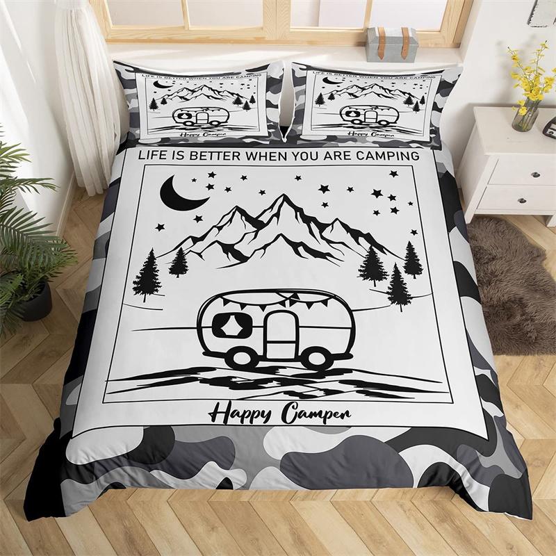 Camping Bettbezug Mikrofaser Galaxie Sterne Mond Happy Camping Bettdeckenbezug Camper Truck Geometrie Berg Bäume Bettwäscheset