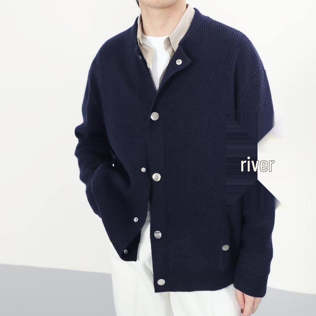 Grauer Henley-Kragen Pullover für Herren: Hochwertige Strickwaren für Frühling/Herbst, Lässiger Schnitt, Saubere Oberbekleidung.