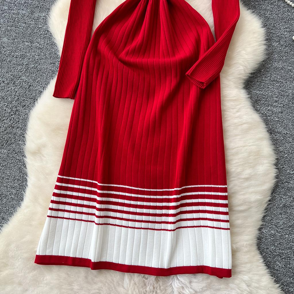 Spring Autumn Women Elegant O-neck Striped Knitted Sweater Long Midi Pullover Dresses
