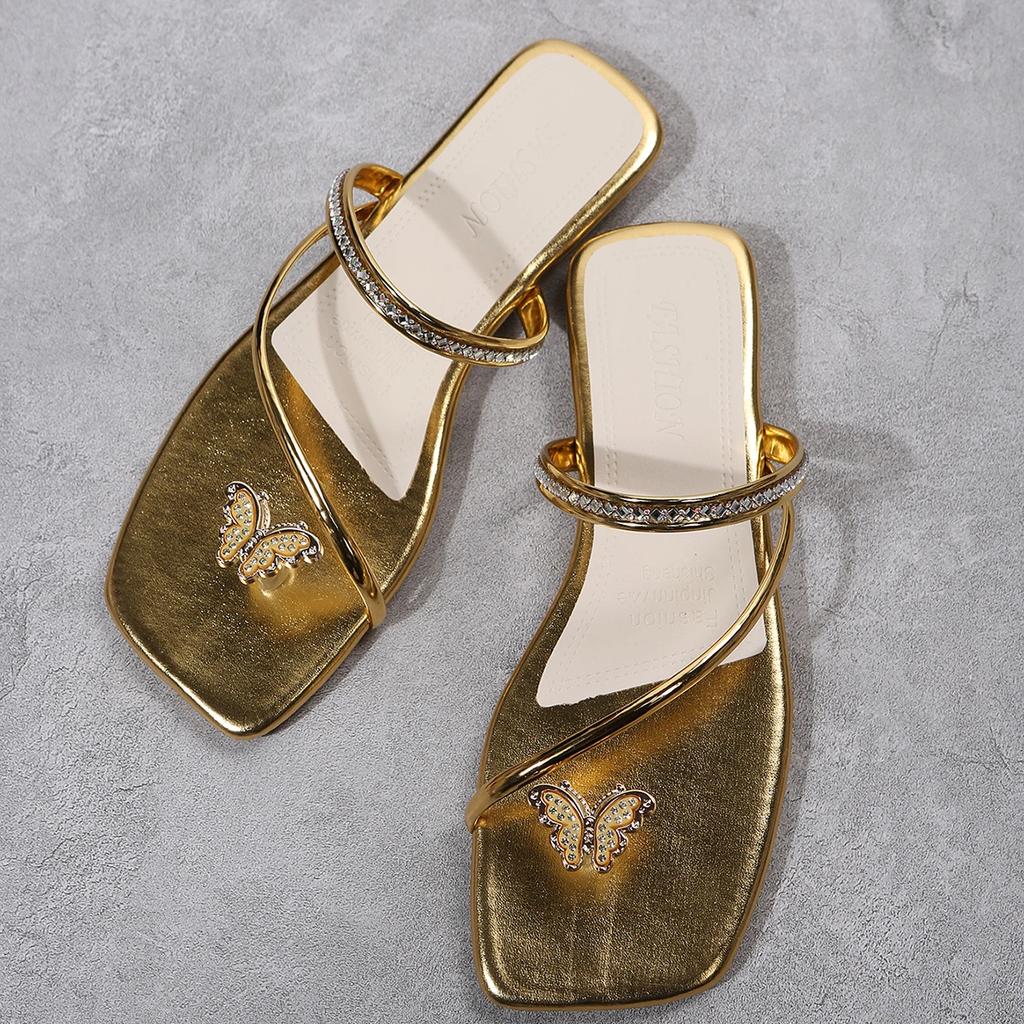 Pantofi pentru Femei 2025 Nou Vară Modă Outdoor Versatil Sandale pentru Femei Stras Fundă Papion Decupat Vârf Papuci de Femei