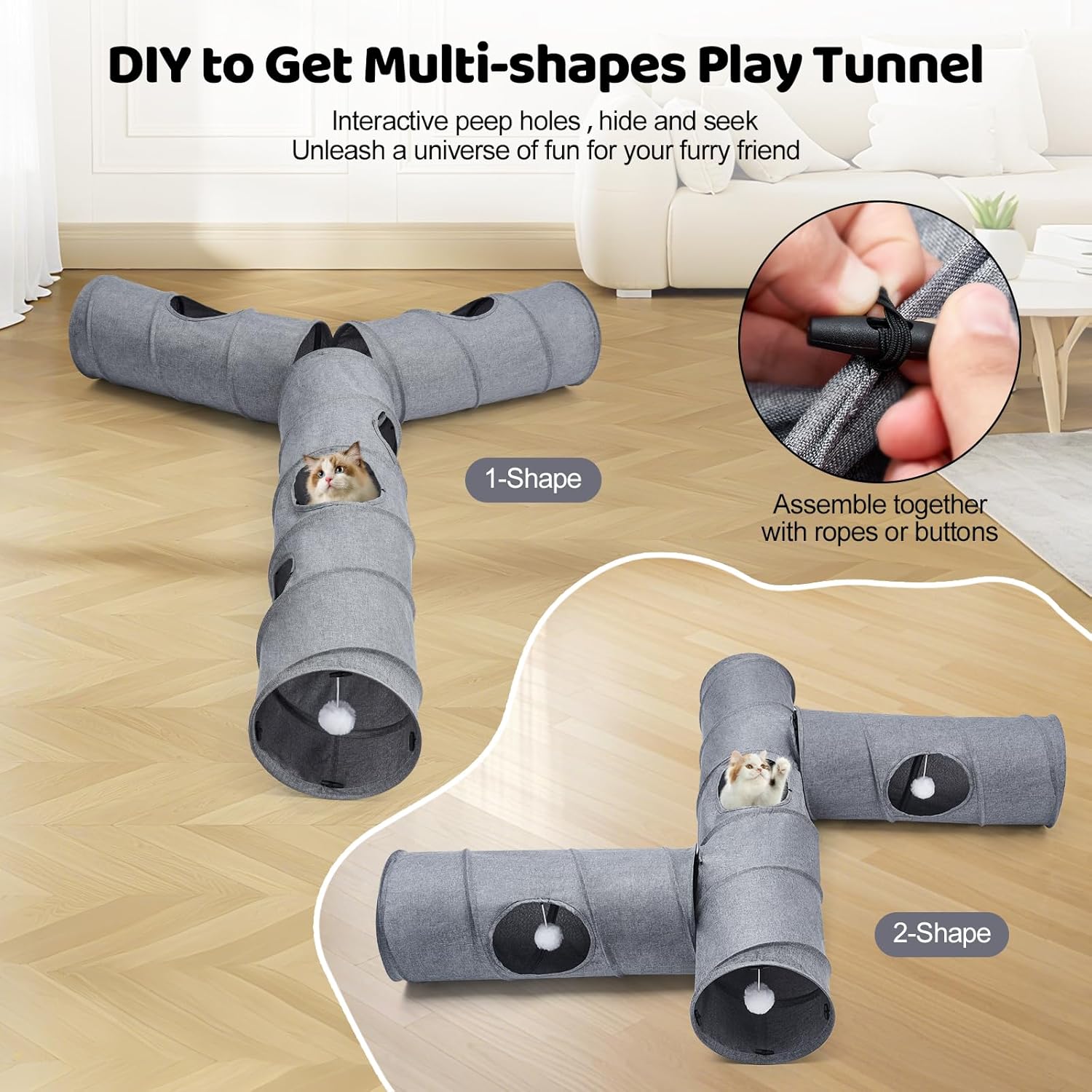Cat Tunnel with 3 Straight Tunnels, DIY Shapes, Wand Toys, No Noise, Scratch-Resistant Linen Fabric, Interactive Pet Tube for Ca