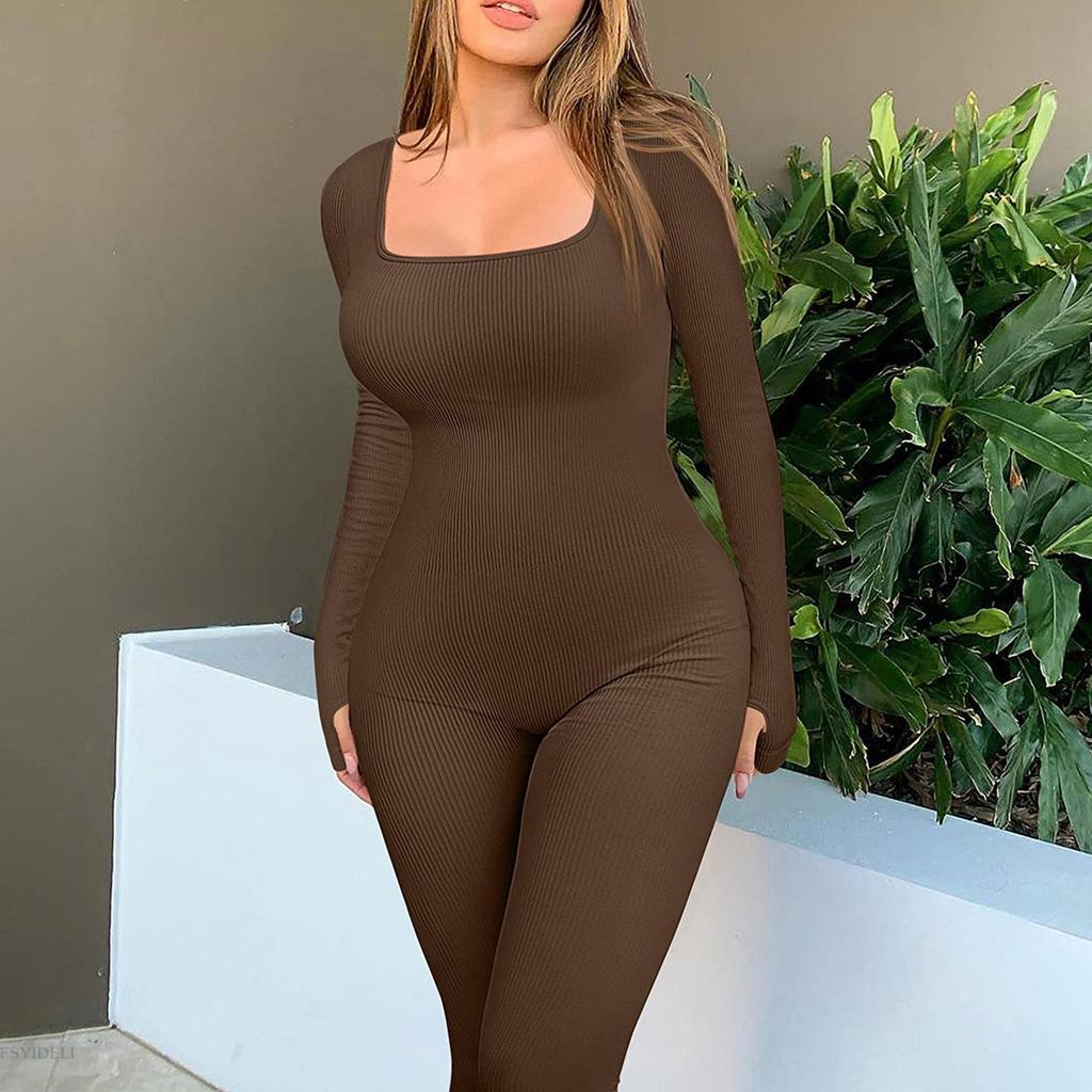 European and American Women’s Ribbed Square Neck Slimming Jumpsuit – New Autumn/Winter Collection