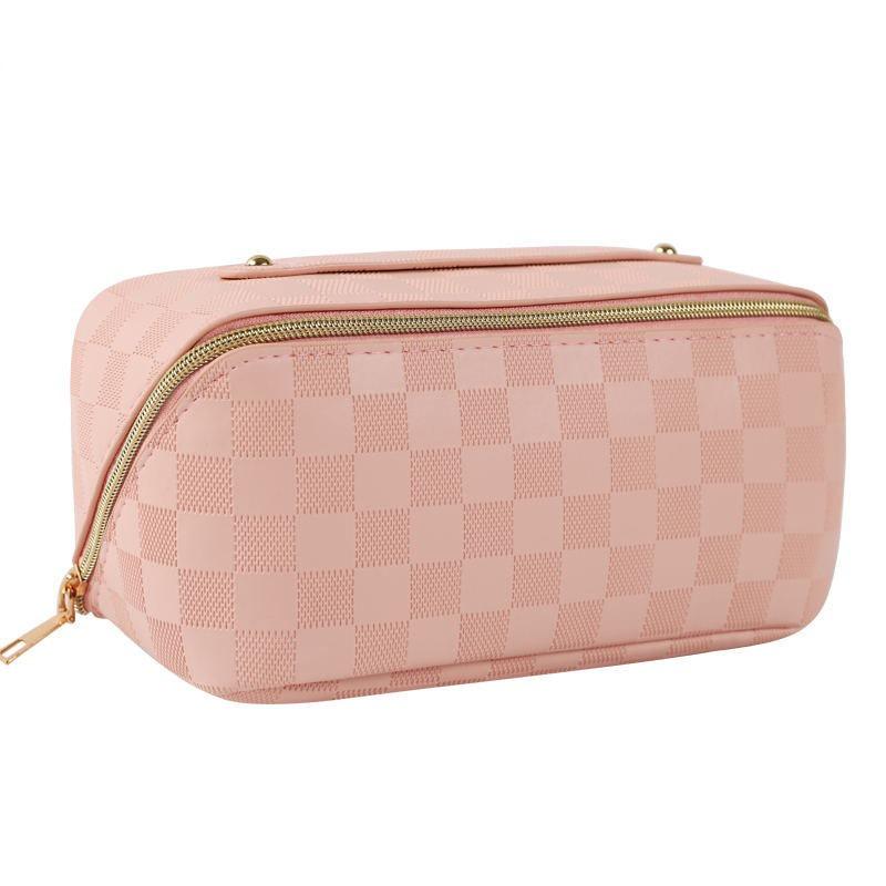 Portable Checkerboard Pu Leather Handheld Travel Large Capacity Cosmetic Toiletry Storage Bag