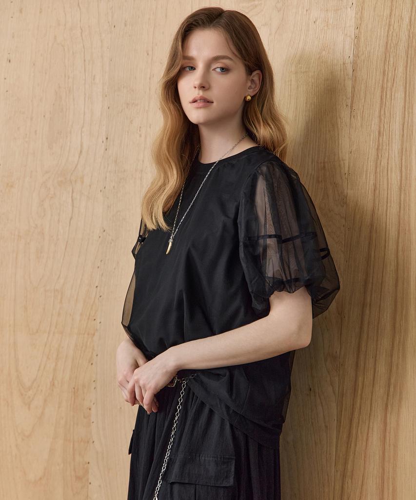 MAXZA Mesh Layered Balloon Sleeve Blouse T-Shirt