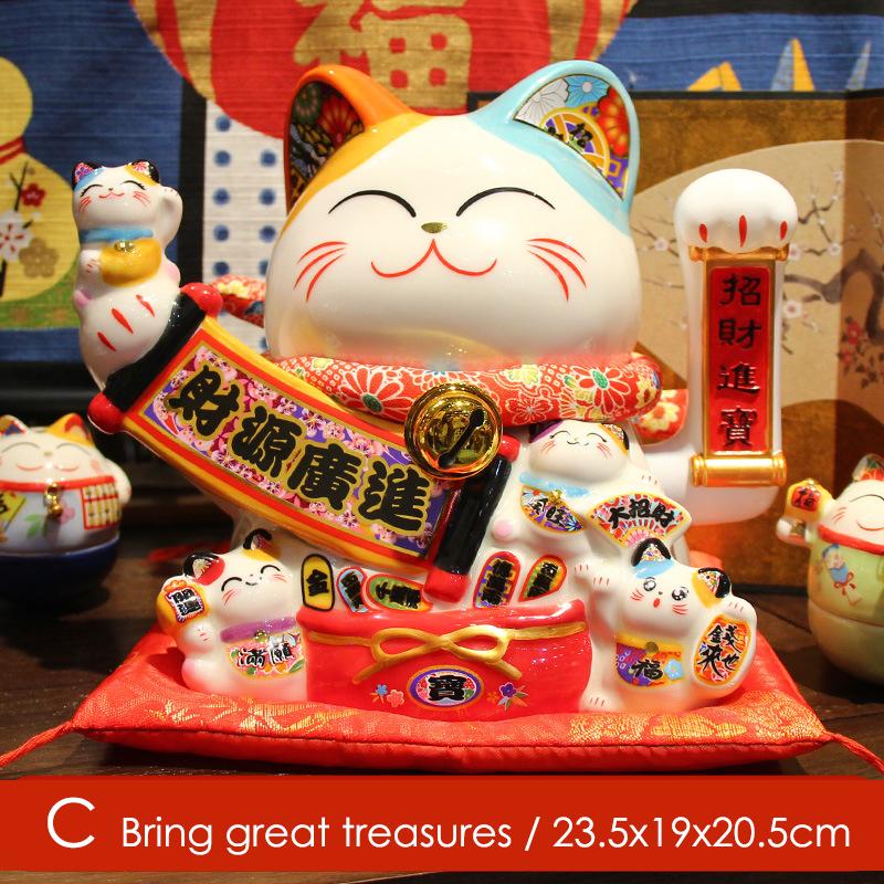 8.2 Inch Ceramic Lucky Cat Ornament Maneki Neko Beckoning Cat with Movable Arm Porcelain Figurine Decoration Statue