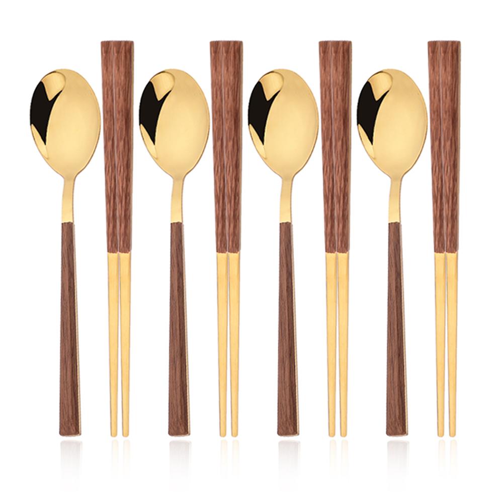 8/12Pcs Brown Silver Flatware Cutlery Set Chopsticks Spoon Set Imitation Wooden Handle Korean Dinnerware Luxury Tableware Set