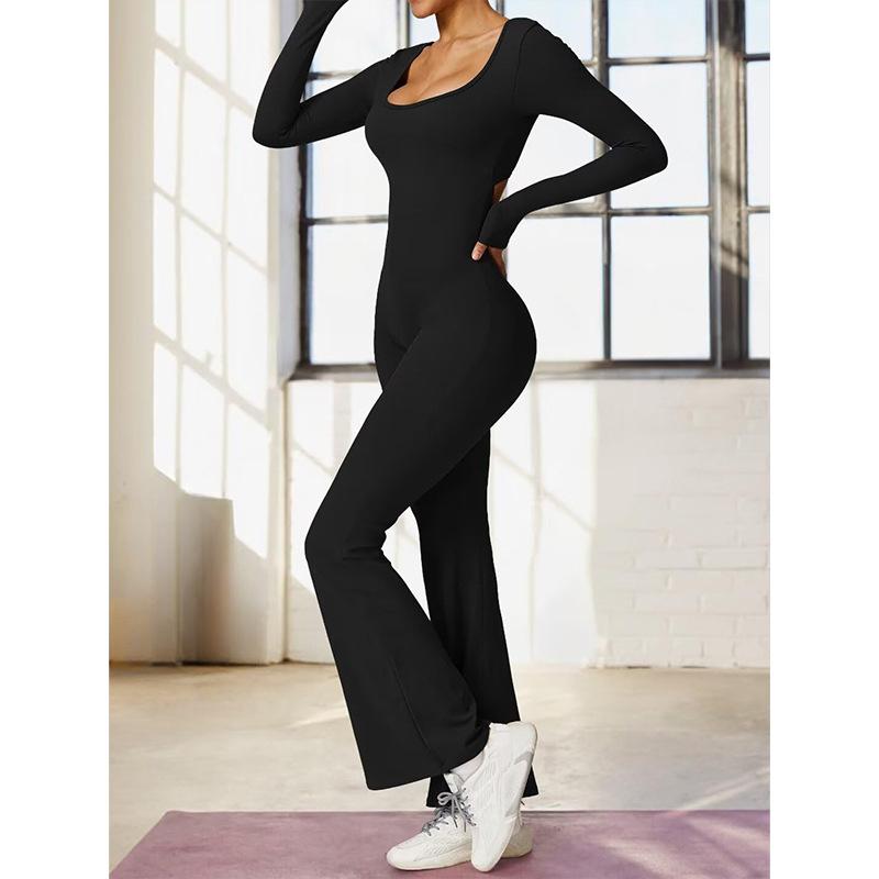 Cross Border Women's Autumn and Winter Long Sleeved U-neck Backless Slim Fit and Hip Lifting Sexy Sports Yoga Jumpsuit from Europe and America