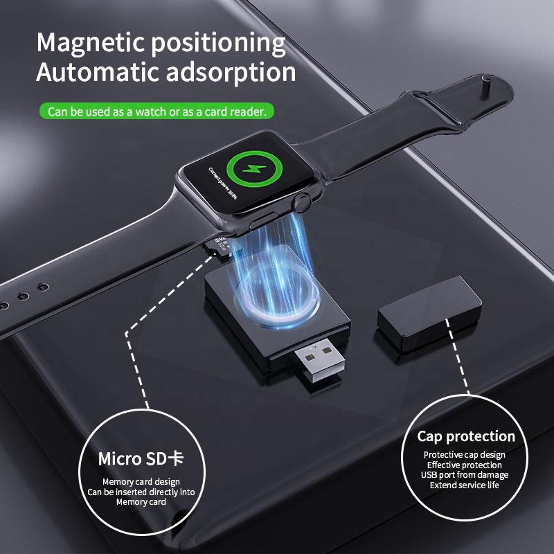 Pocket Size Smart Watch Magnetic Wireless Charger Portable USB Plug Play TF Card Reader Watch Wireless Charger for iWatch