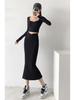 Trendy Women's European & American Style V-Neck High Waist Knitted Midi Skirt with Back Slit