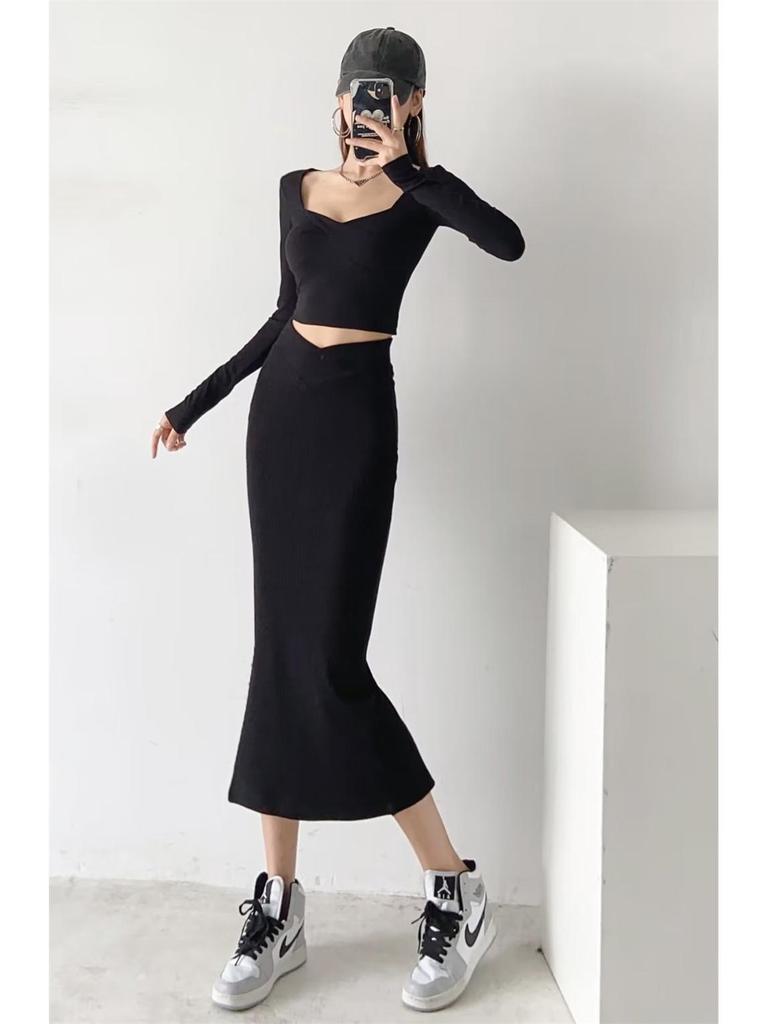 Trendy Women's European & American Style V-Neck High Waist Knitted Midi Skirt with Back Slit