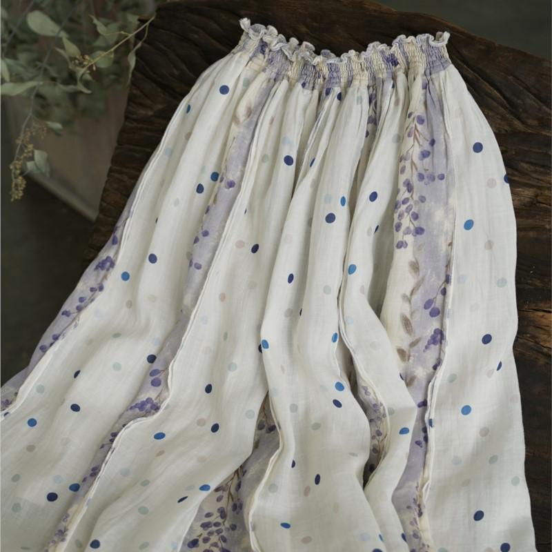 Johnature Women Vintage Patchwork Color Skirts Elastic Waist Polka Dot Loose Soft High Quality Clothes Summer Skirts