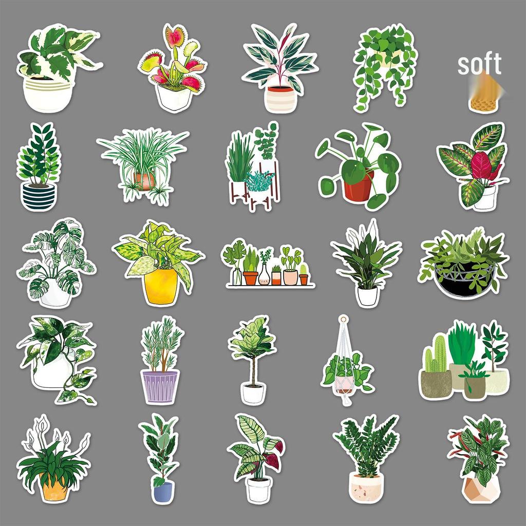 50 Green Plant Stickers: Cartoon-Style for Suitcases, Laptops, Cars, and More