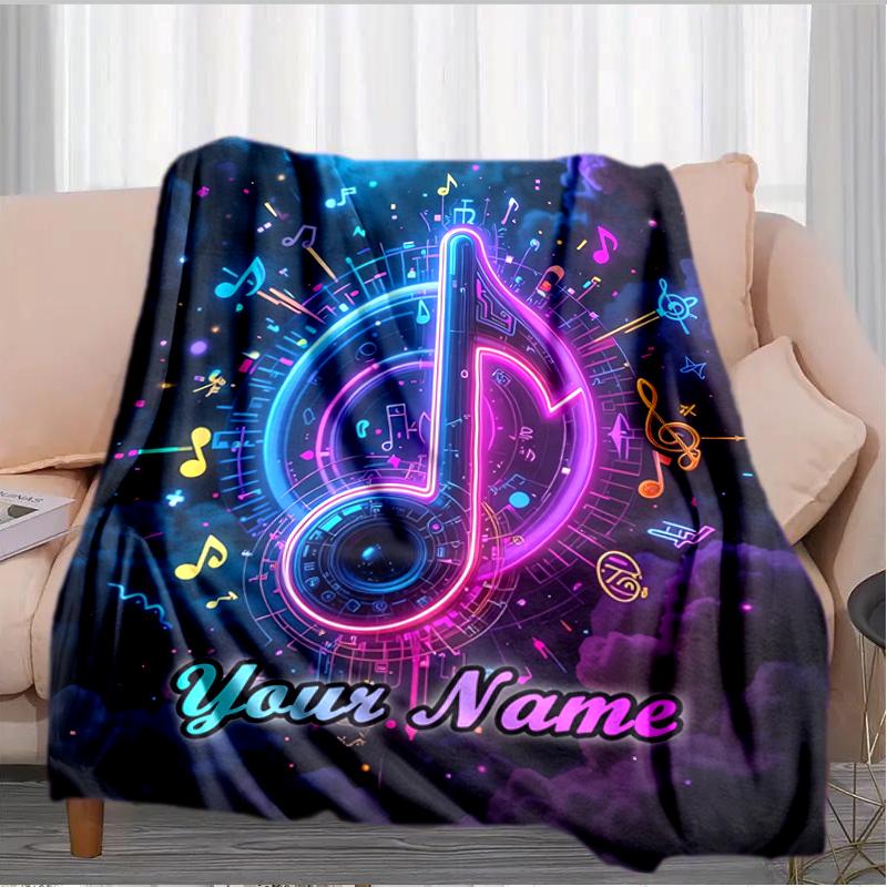 1PC Custom Name Music Notes Neon Art Flannel Blanket Versatile,all-season Throw Suitable for the Living Room,bedroom,camping,travel,and Gift