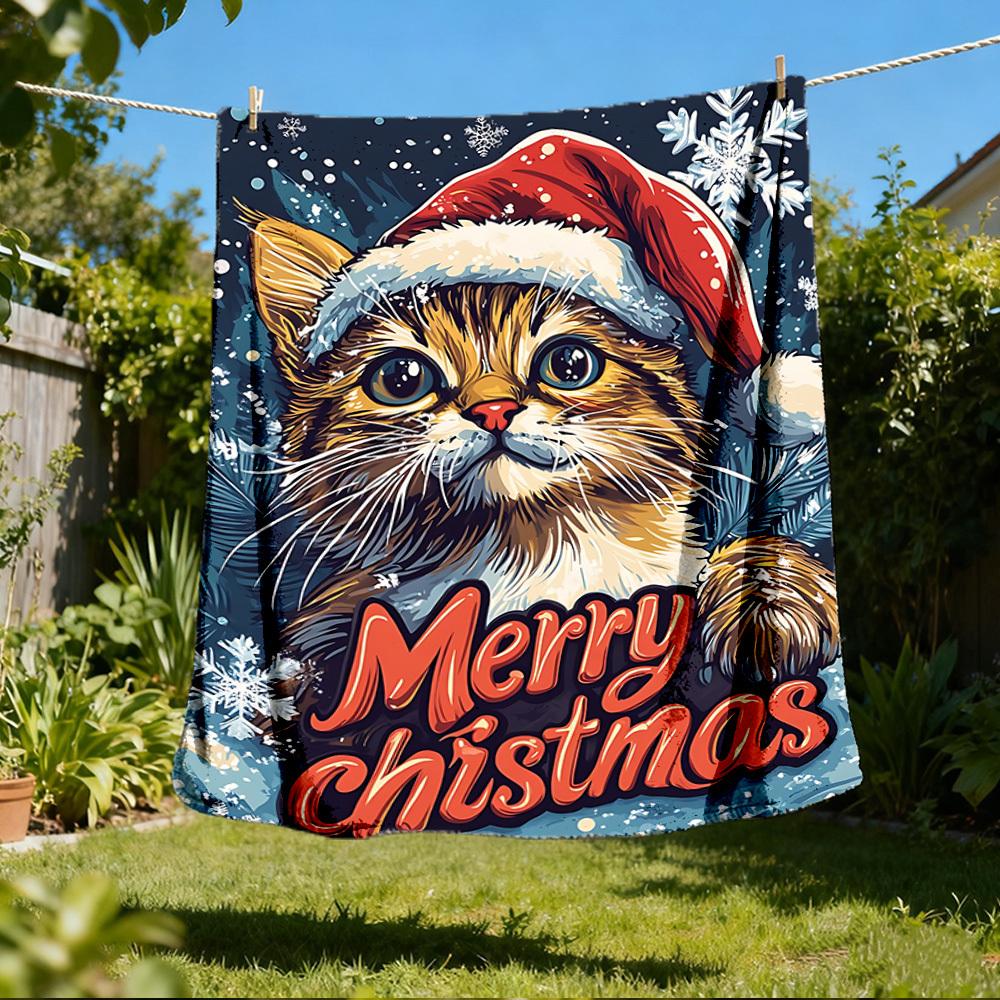 1pc Christmas Cat Outdoor Blanket - Lightweight Flannel Throw For Travel, Camping, Livingroom, Couch, Chair Yy251114221