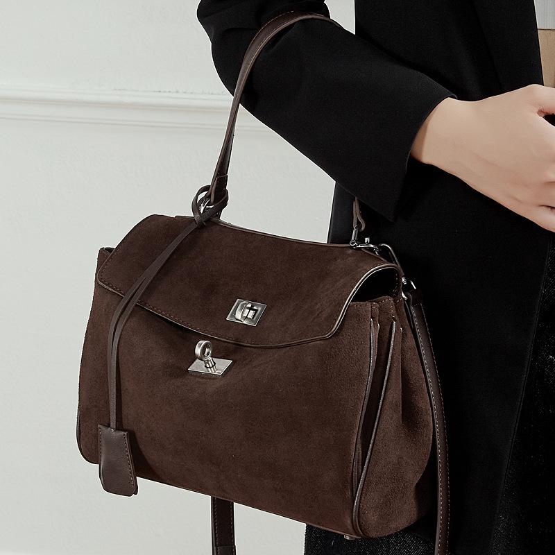Light Luxury Imported Soft Suede Tote Bag Lazy Style Large Capacity Matte Leather Lock Kelly Bag Women's Crossbody Shoulder Bag