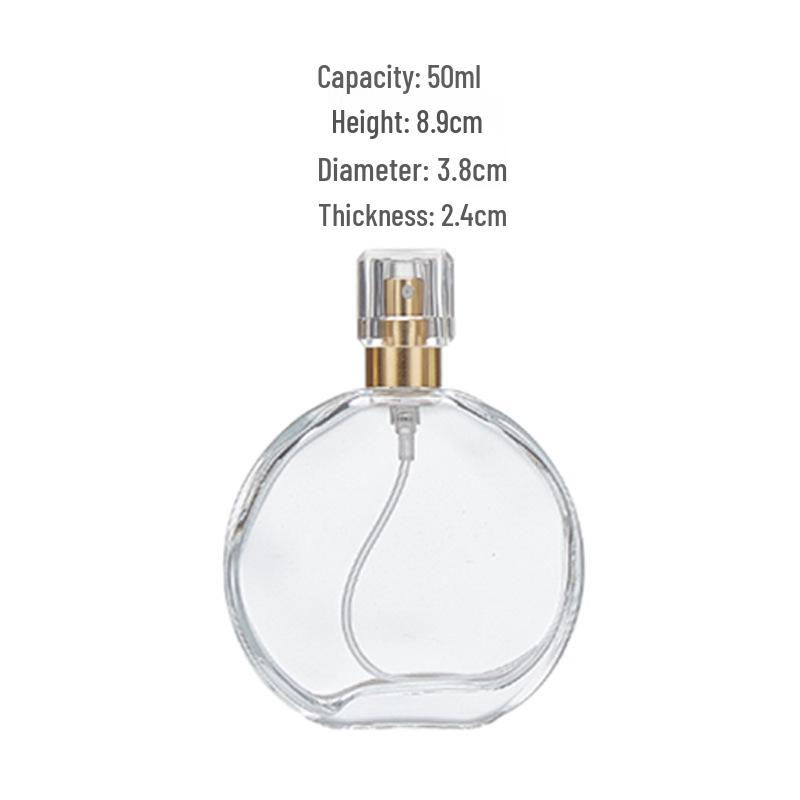 High-End Transparent Glass Perfume Bottle, Flat Round Bayonet, 30-50ml Press Spray