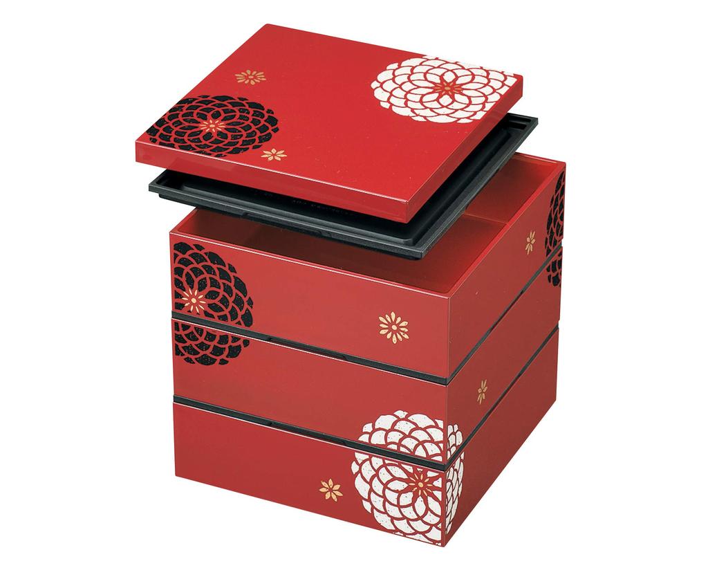Tatsumiya (Tatsumiya) Made in Japan HAKOYA Tatsumiya 18.0 Takumi Three-Tiered Box, Red, Hyakka (Flower) Design, 54502