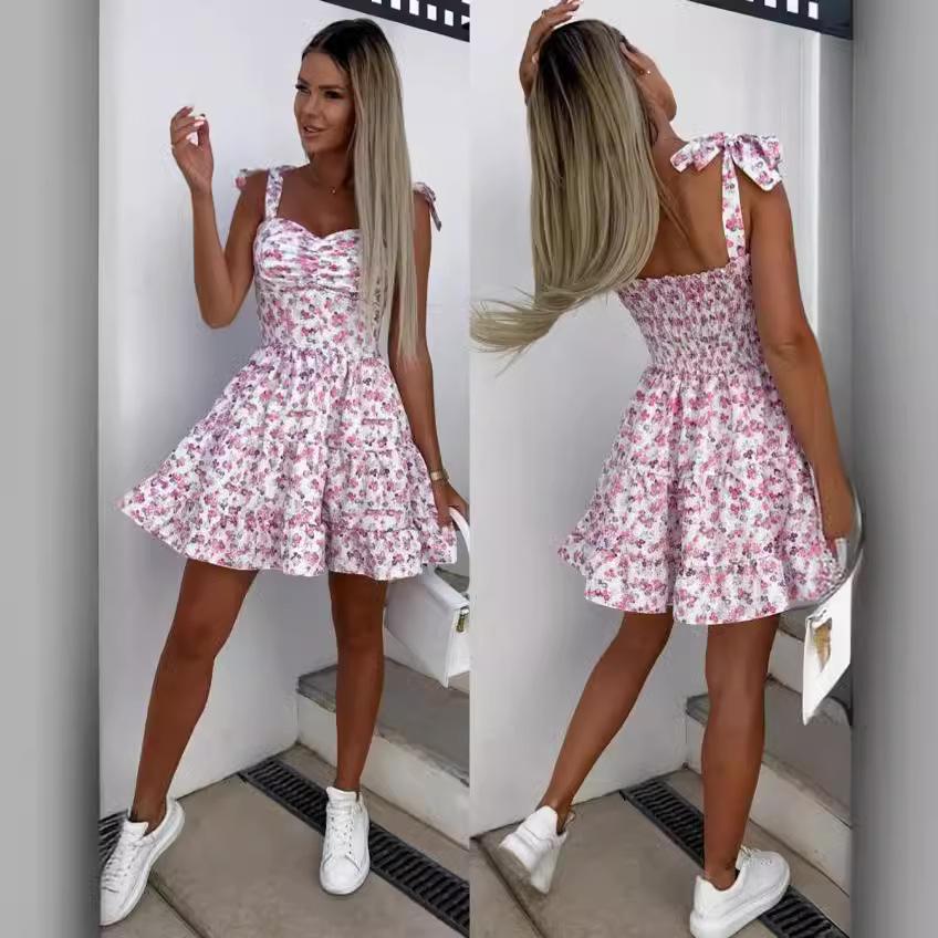 Women's Summer Mini Dress Spaghetti Strap Printed Skirt Dress Loose Pleated Dress
