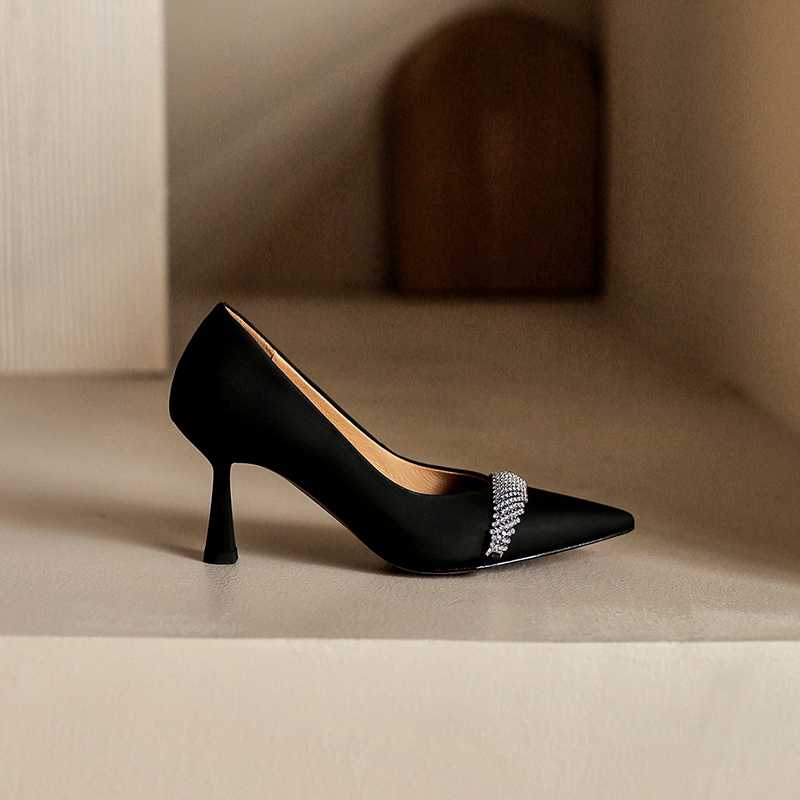 Cow Leather Pointed Toe High Heels Rhinestone Women Pumps