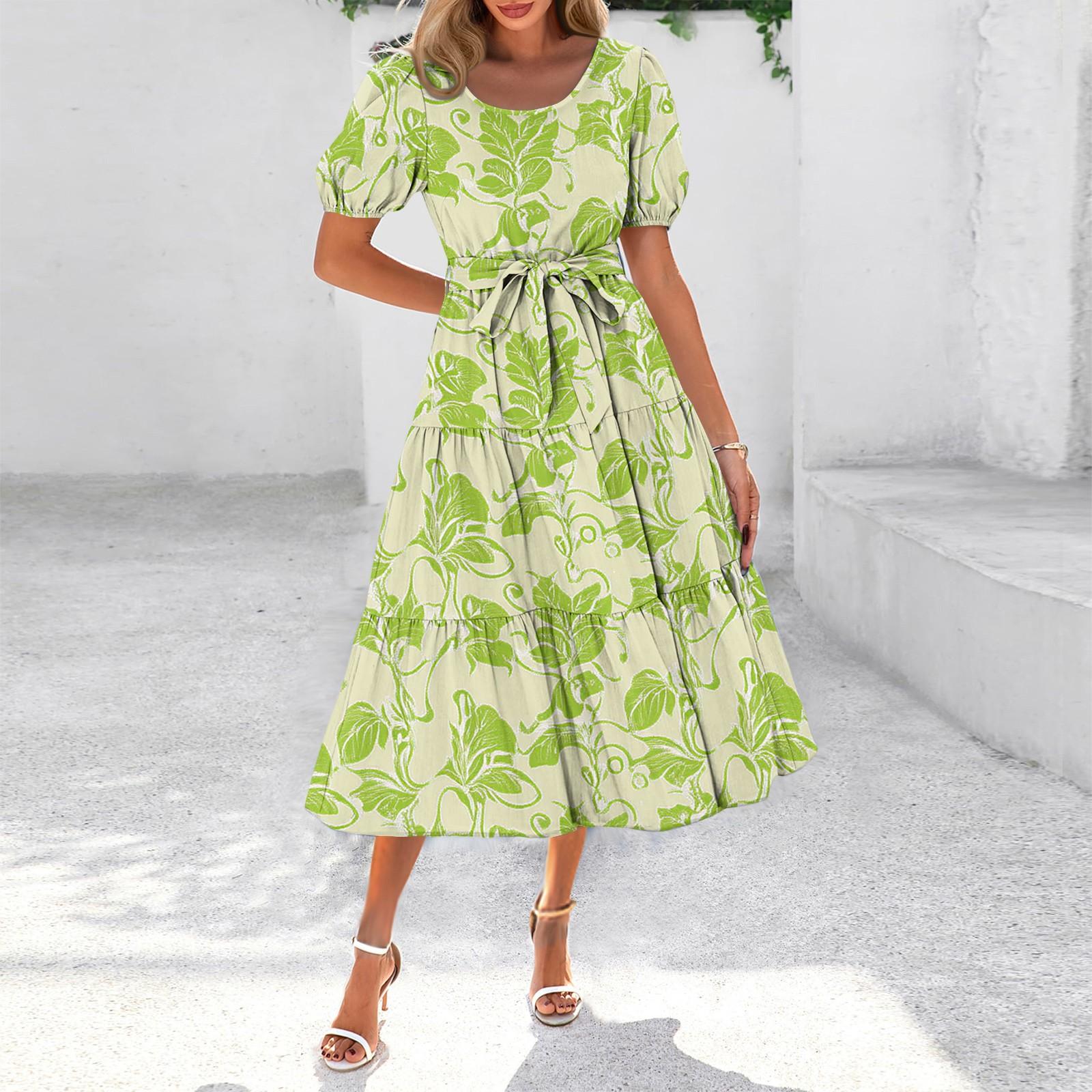 

Жіноча літня сукня максі з короткими рукавами, круглим вирізом, поясом на талії, богемна, вільна, багатошарова, з кишенями L