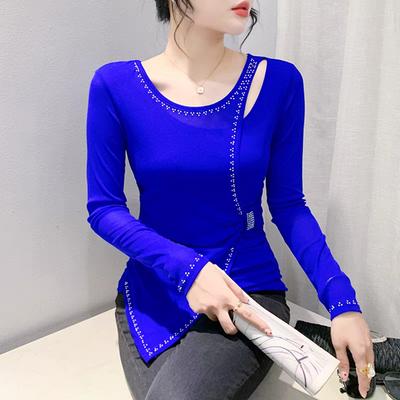 Dames Chic Kruis Uitgesneden Hot Diamonds T-shirts Mode Lange Mouw Slim Tees Lente Herfst Vrouwelijk Elegant Onregelmatige Mesh Tops
