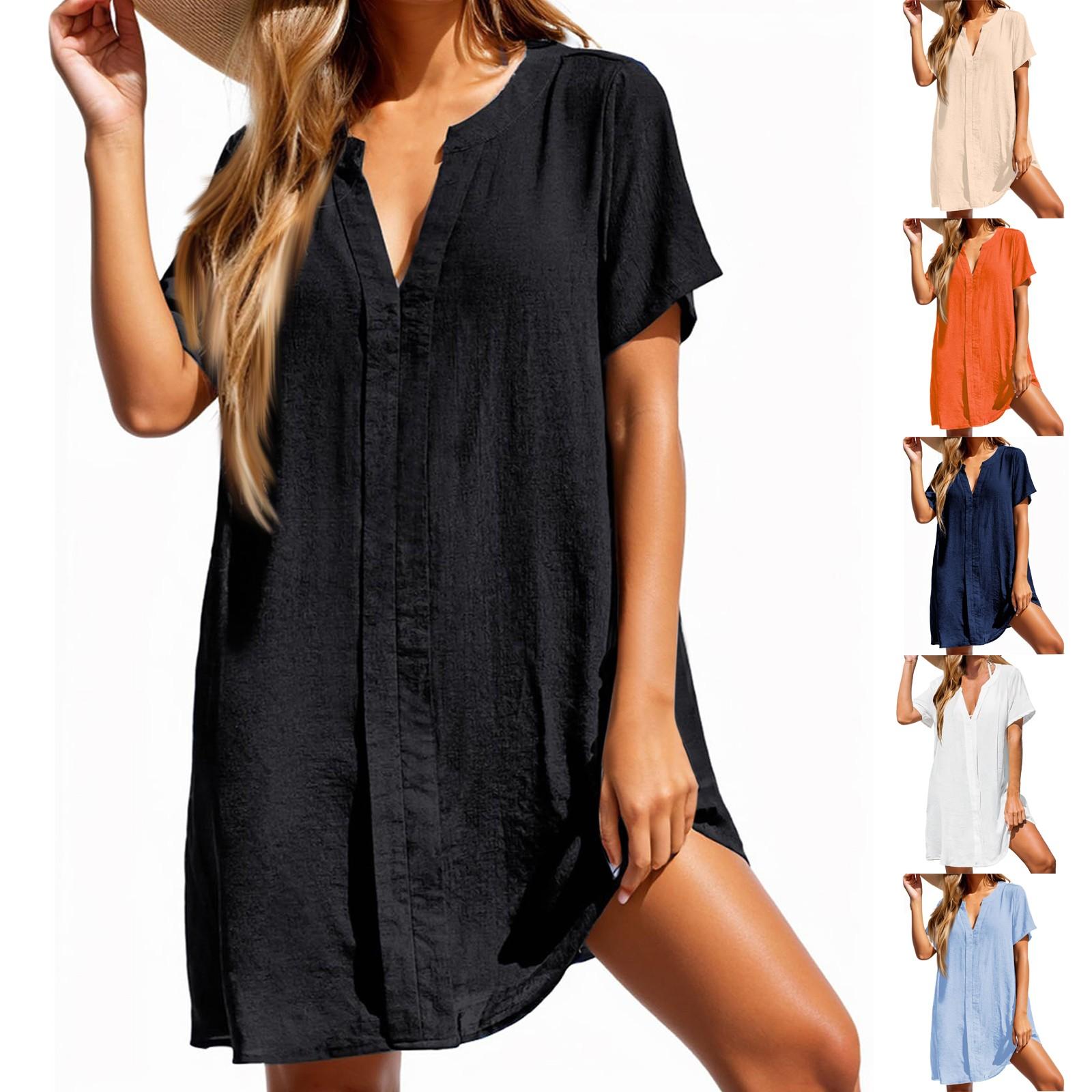 

Women s Summer Casual V-neck Solid Color Short Sleeved Shirt Dress Beach Skirt