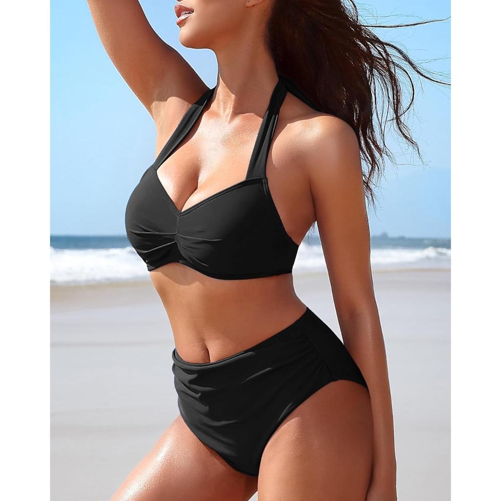 High Waist Black Bathing Suit Piece Eomenie Two Piece Criss Cross