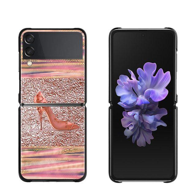 Phone Case For Samsung Galaxy Z Flip3 5g Back Cases For Samsung Z Flip Capa Black Shell Fundas Rose Pink Purple Bling Pattern