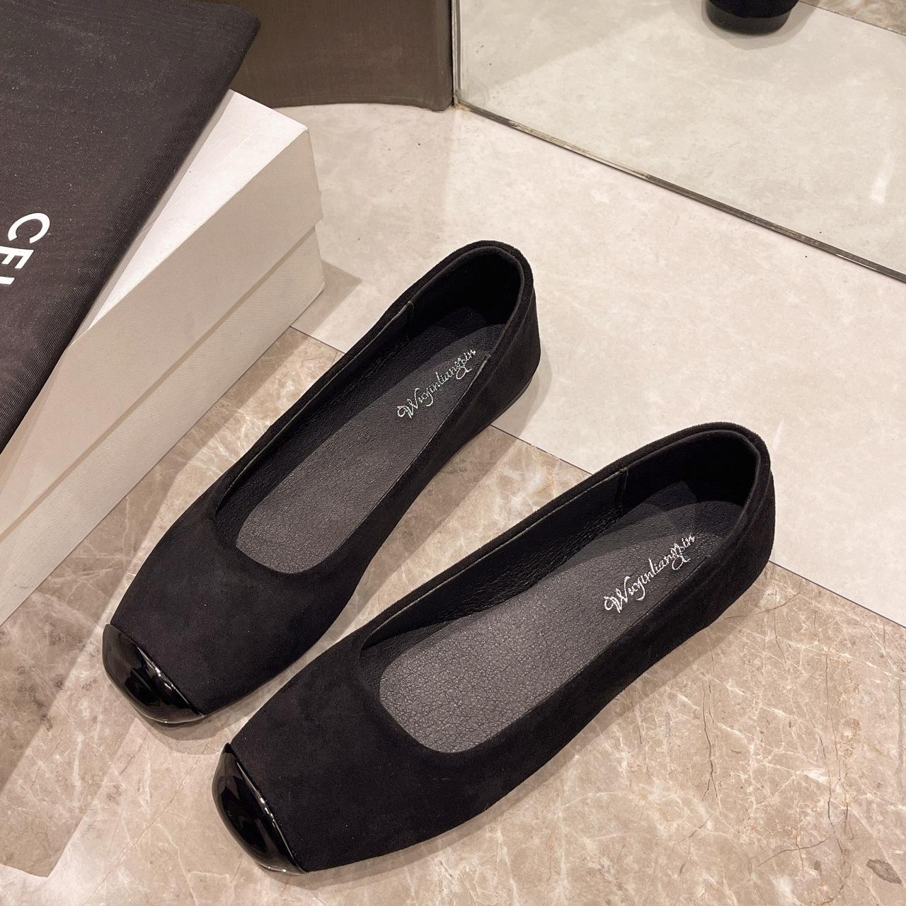 

Туфли Fairy нежные одинарные туфли замшевые с мелким горлом весна 2025 новые мягкие плоские подошвы одна педаль универсальные туфли Doudou женские 35 чёрный