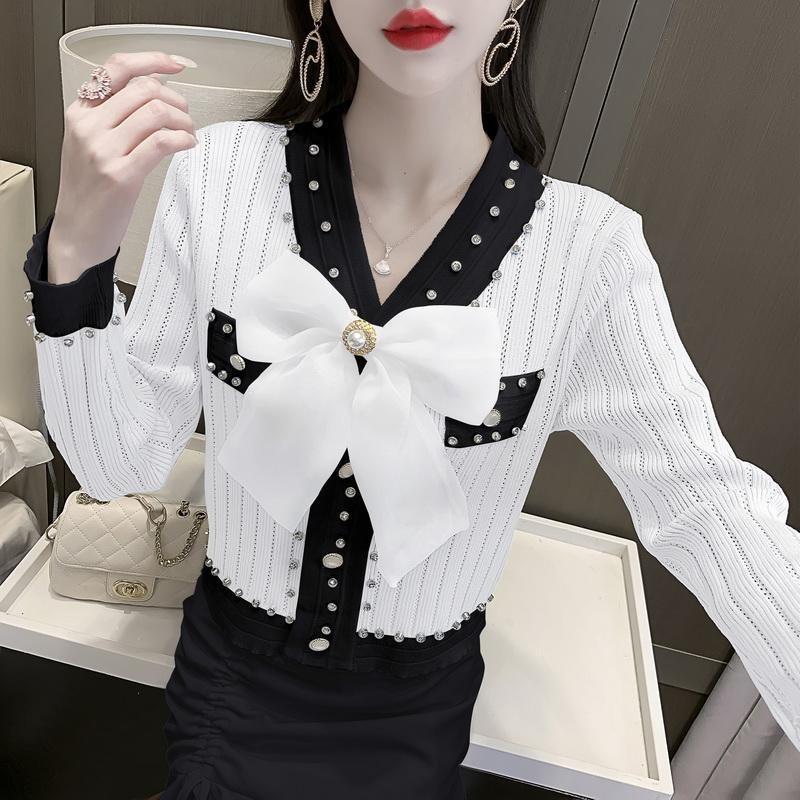 Spring Autumn Women Full Sleeve V-neck Luxury Diamond Beading Bowtie Knitted Sweater Single Breasted Cardigans Tops