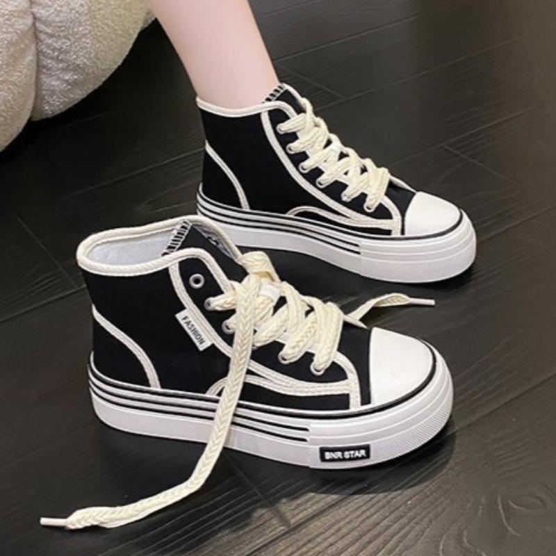 Spring, Summer, Autumn and Winter Women's Shoes Women's Sneakers Canvas Shoes Mid-cut Round Toe Lace-up Casual All-match Shoes