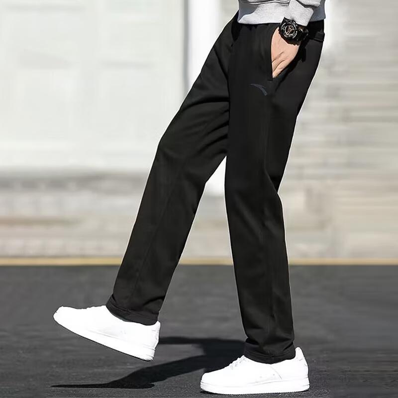Anta Training Series Solid Color Mid Waist Fleece Straight Leg Casual Pants Men bottoms Basic-Black 952357305-1