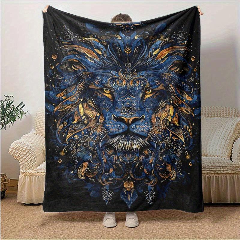 1pc Blue and Gold Ornate Lion Portrait Blanket  Soft and Cozy for All Seasons, Living Room, Travel, Camping, Car Blankets