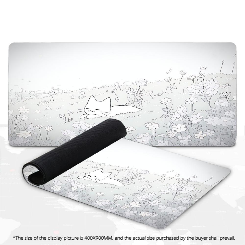Cute Cat Flower Garden Large Gaming Desk Mat Non Slip Stitched Edge Smooth Mouse Pad For PC Gamer Laptop Office Desktop Decor