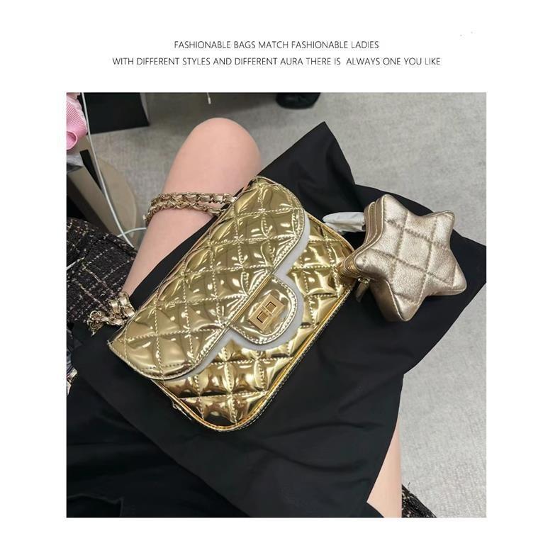 IELGY Women's Patent Leather Square Bag, Versatile Tofu Bag, High-end Silver Diamond Shoulder Chain Bag.