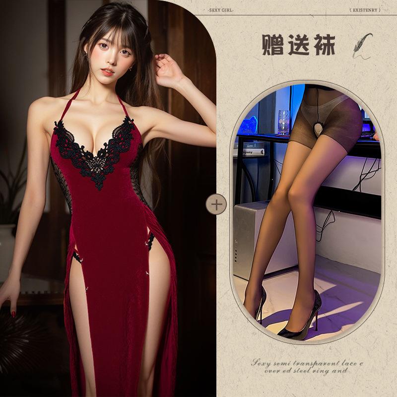 Human Cinnabar Mole Deep V Velvet Erotic Underwear Sexy Pure Desire High Split Cheongsam