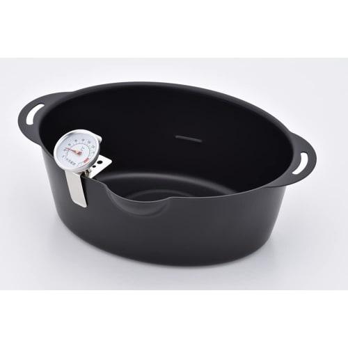 Hirosho Petit Oval Deep Fryer/Tempura Pot with Thermometer, Mini, 15x20cm, Induction Compatible, Black