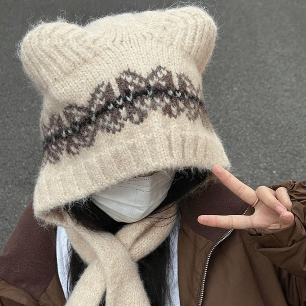 Ethnic Style Jacquard Knitted Hat Fair Isle Style Printing Knit Cap Cute Bear Ears Beanies  Outdoor