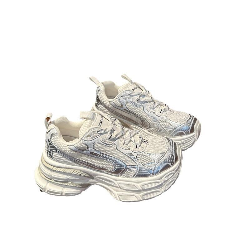 Buty sportowe letnie srebrne grube dno buty pops damskie buty zwiększające wzrost oddychająca siateczka cienkie modele wygodne klasyczne codzienne trampki