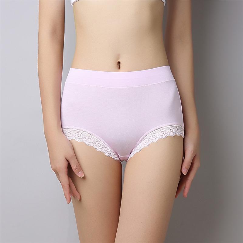 Large Size Underwear with Lace Edges Solid Color Modal Medium High Waist Briefs Abdominal Compression Hip Lifting for Women Panties