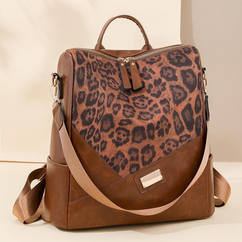 Retro fashion new leopard print backpack women's shoulder bag simple large capacity multi-functional three-purpose backpack